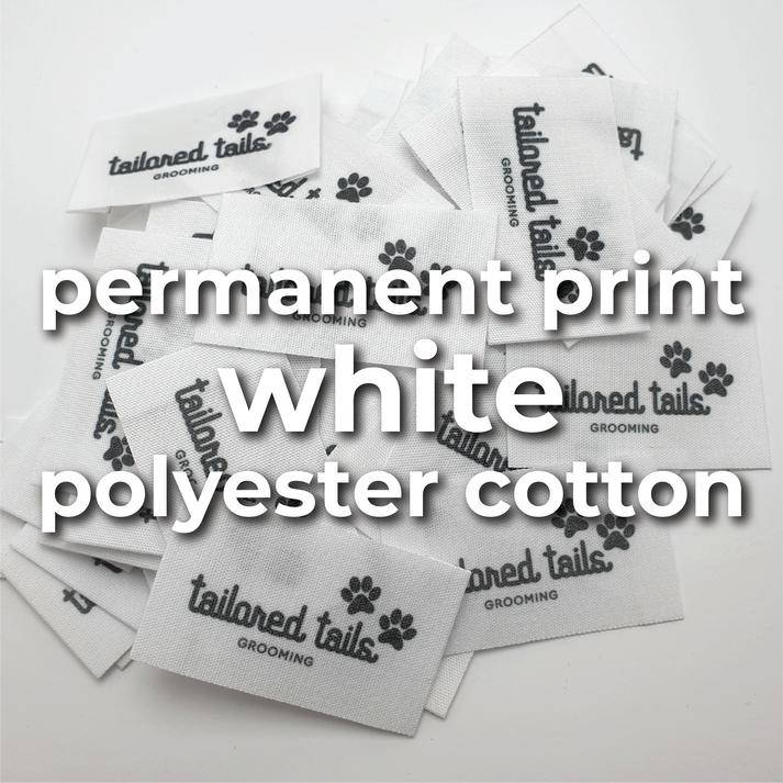 WPC - White polyester cotton blend material (permanent print) / 30mm wide material (only width available in this material) / a) SHORT - Labels use between 0 to 44mm of material per label