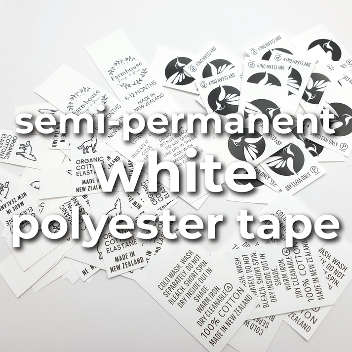 WPT - White polyester tape (semi-permanent print) (paper-like taffeta tape material) / Same width as previously ordered / a) SHORT - Labels use between 0 to 44mm of material per label